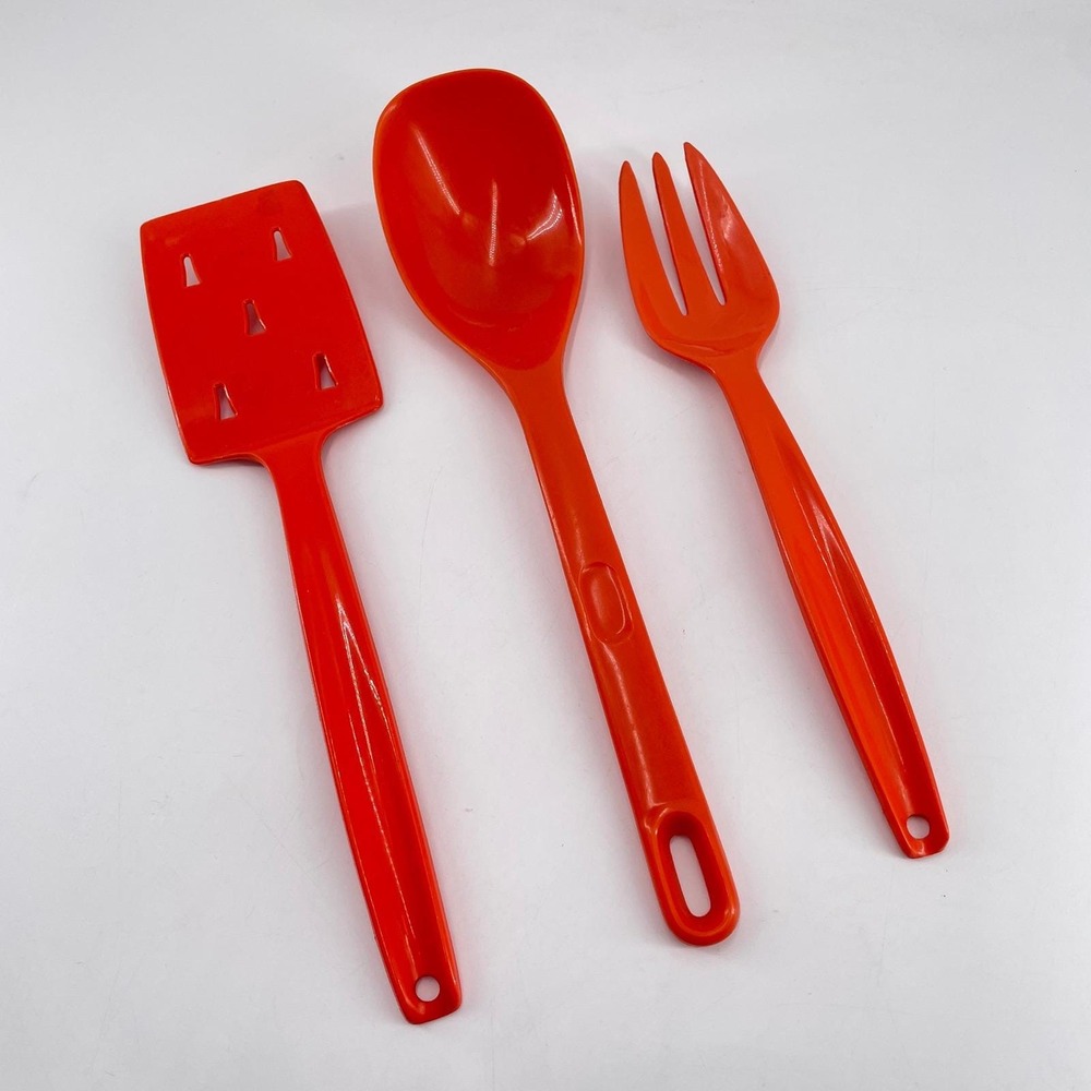 Orange Plastic Serving Utensils Slotted Spatula Fork Spoon USA 70s Kitchenware